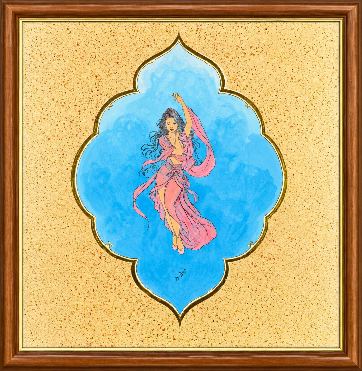 Elyra, a tash’ir painting: a dancer in flowing pink veils inside a gold-edged blue medallion on a gold-flecked ground