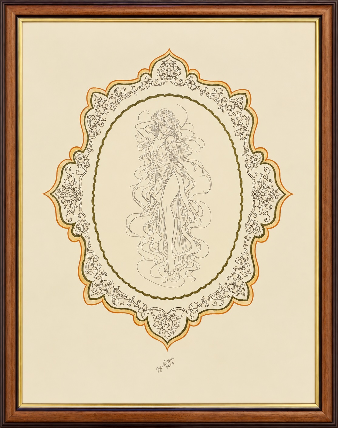 Love, a tash’ir drawing: a woman with flowing hair drawn in fine ink inside an oval cartouche with a floral gold-and-green border