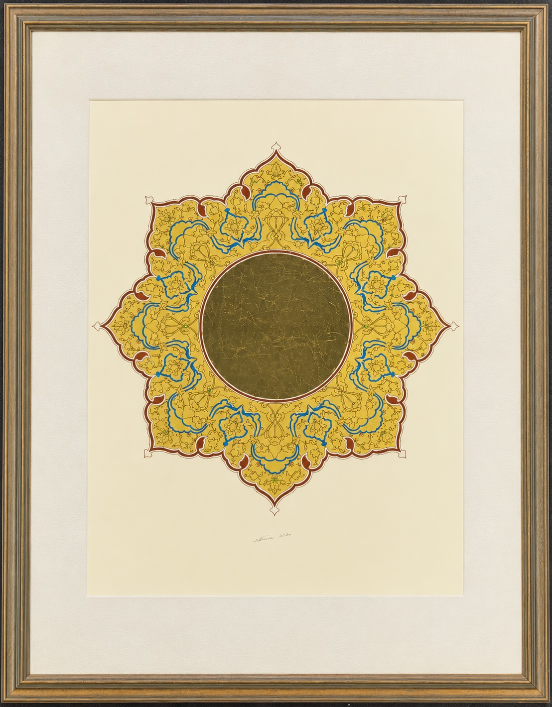 Gem, a tazhib shamsa: a burnished gold-leaf disc framed by lobed gold petals with blue and rust accents on a cream ground