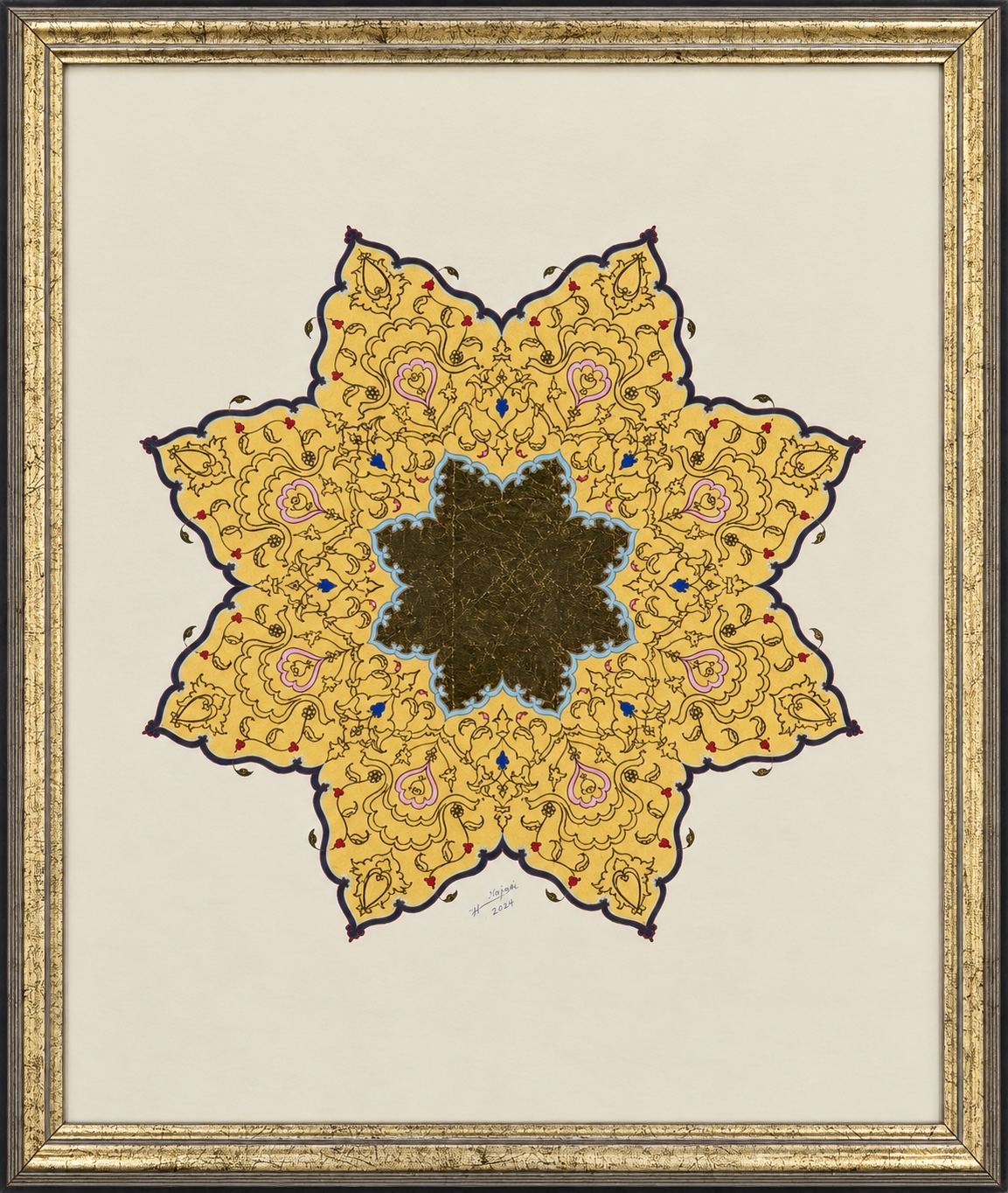 Gold, a tazhib shamsa: an eight-pointed star with a gold-leaf centre, eslimi stems and small pink and blue blossoms on a golden ground