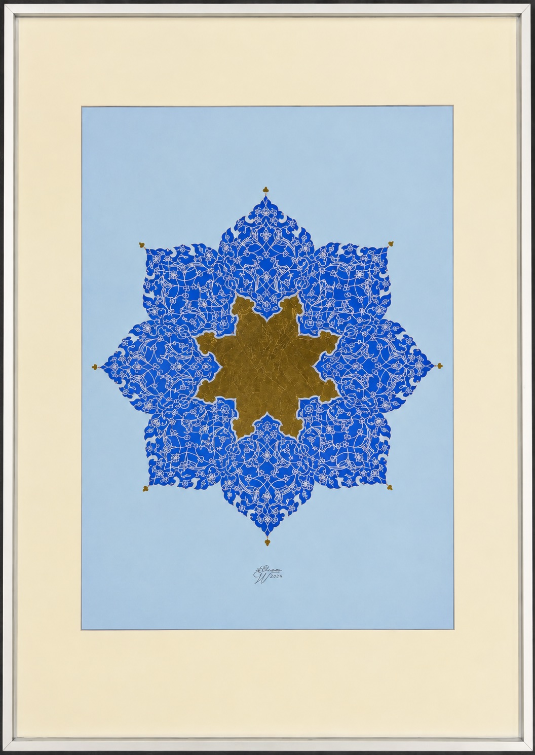Moon, a tazhib shamsa: an eight-pointed medallion in lapis blue with a gold-leaf star at its centre, on a pale blue ground