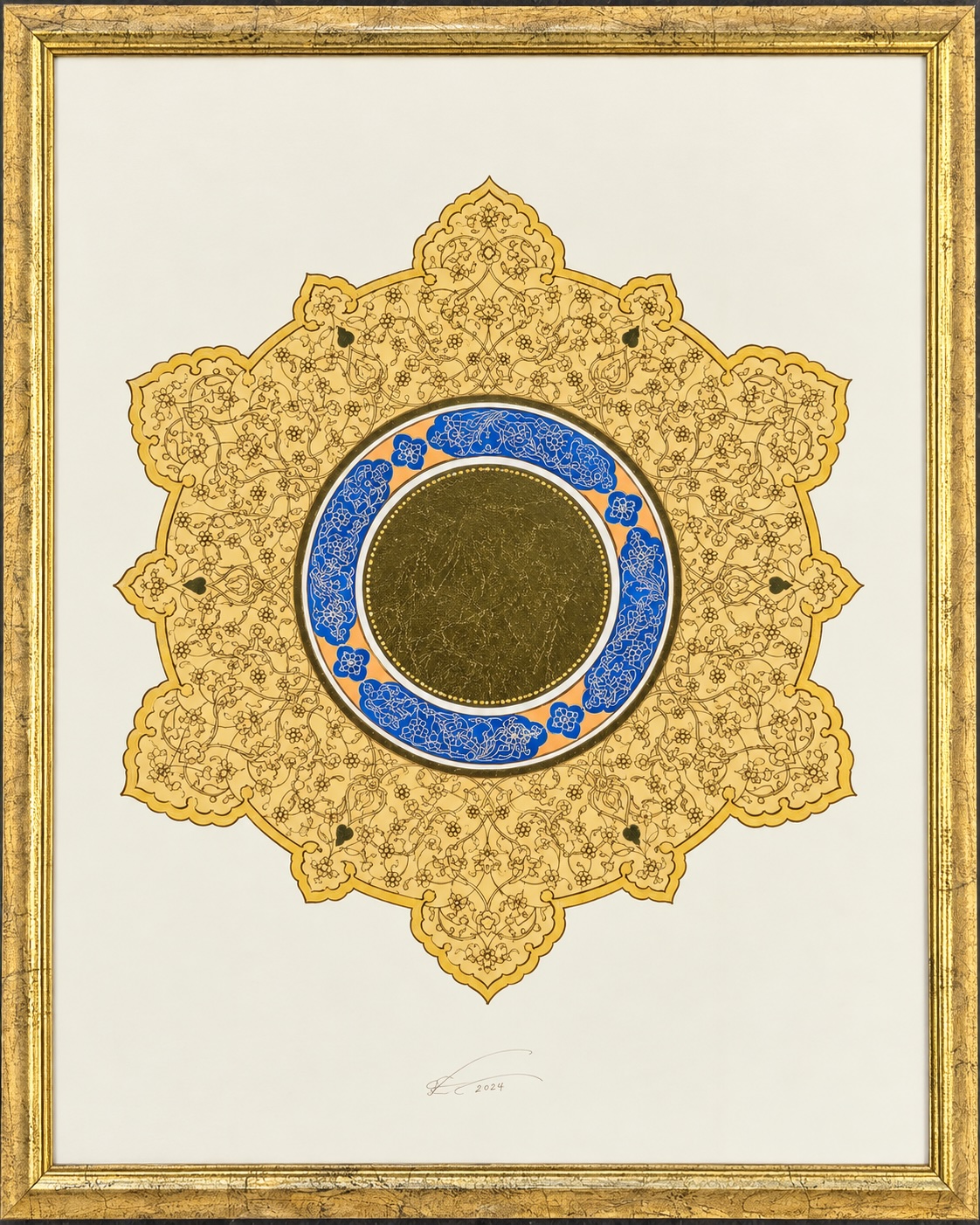 Sun, a tazhib shamsa: a gold-leaf disc ringed in blue and orange, surrounded by fine gold khatai blossoms on a gold ground